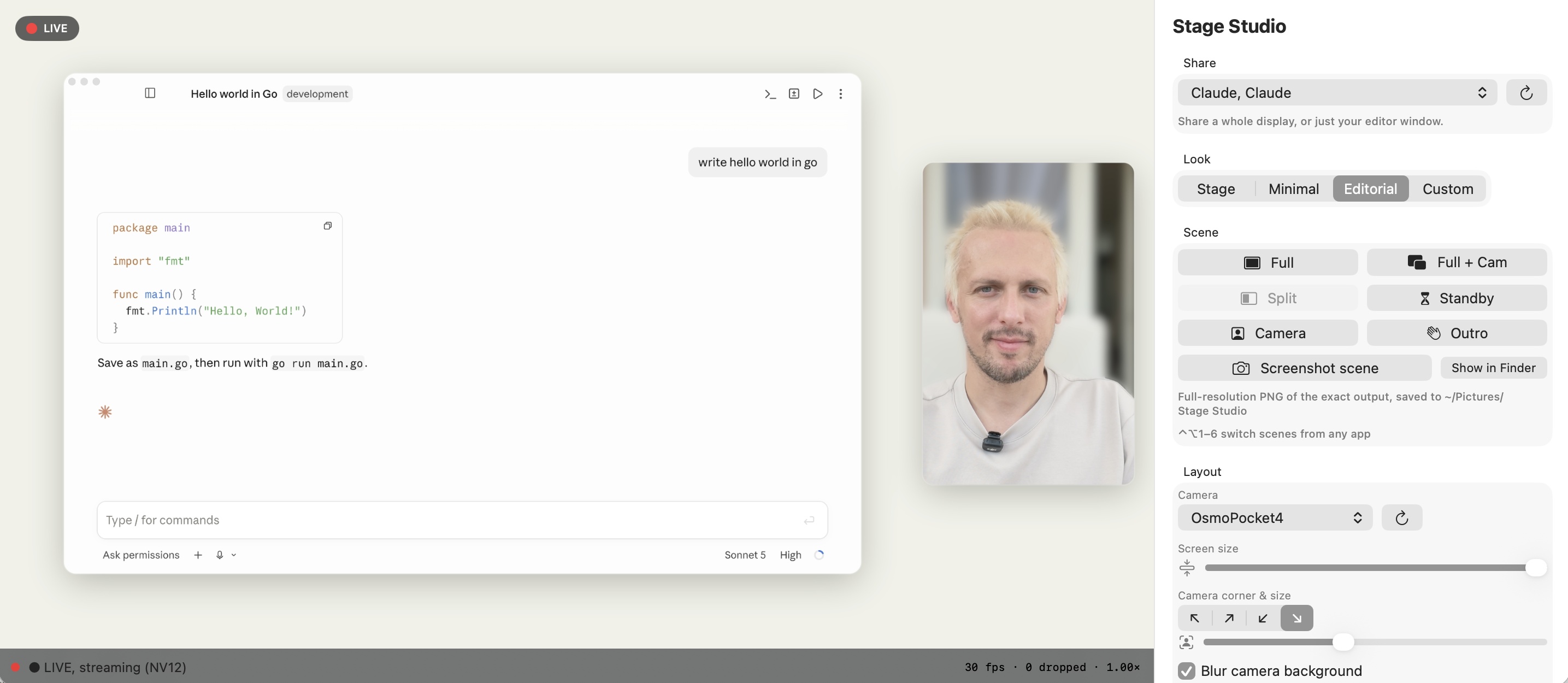 Stage Studio app running on macOS, control panel and live preview