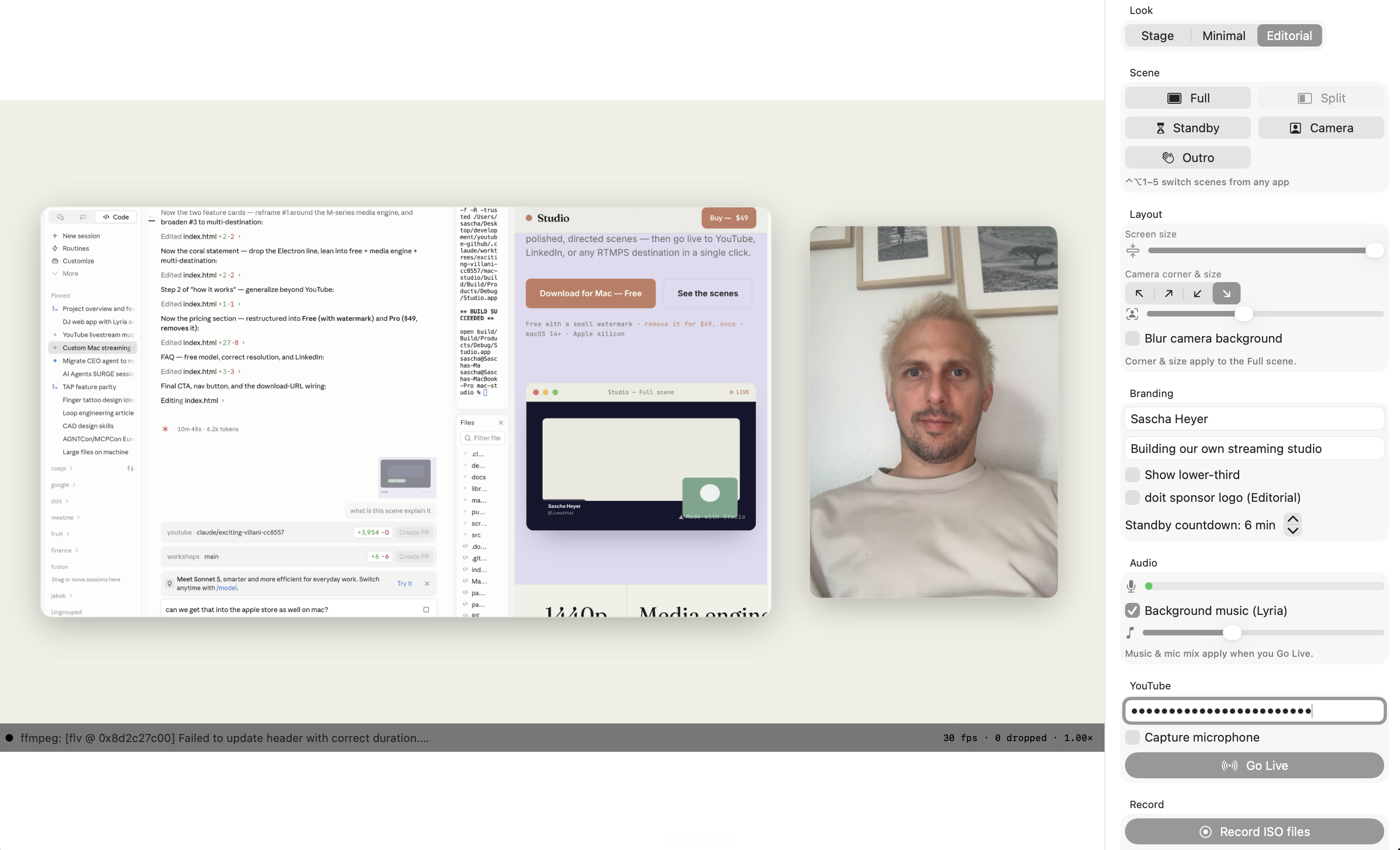 Stage Studio app running on macOS, control panel and live preview