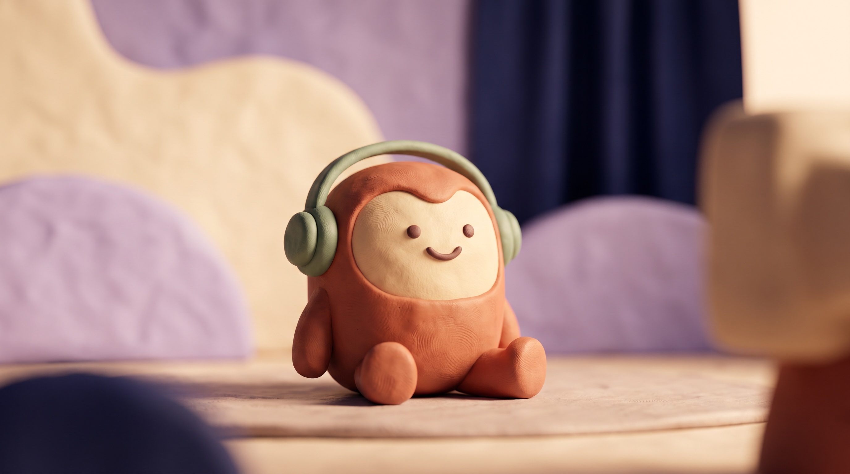 A close-up of the clay mascot with headphones, smiling