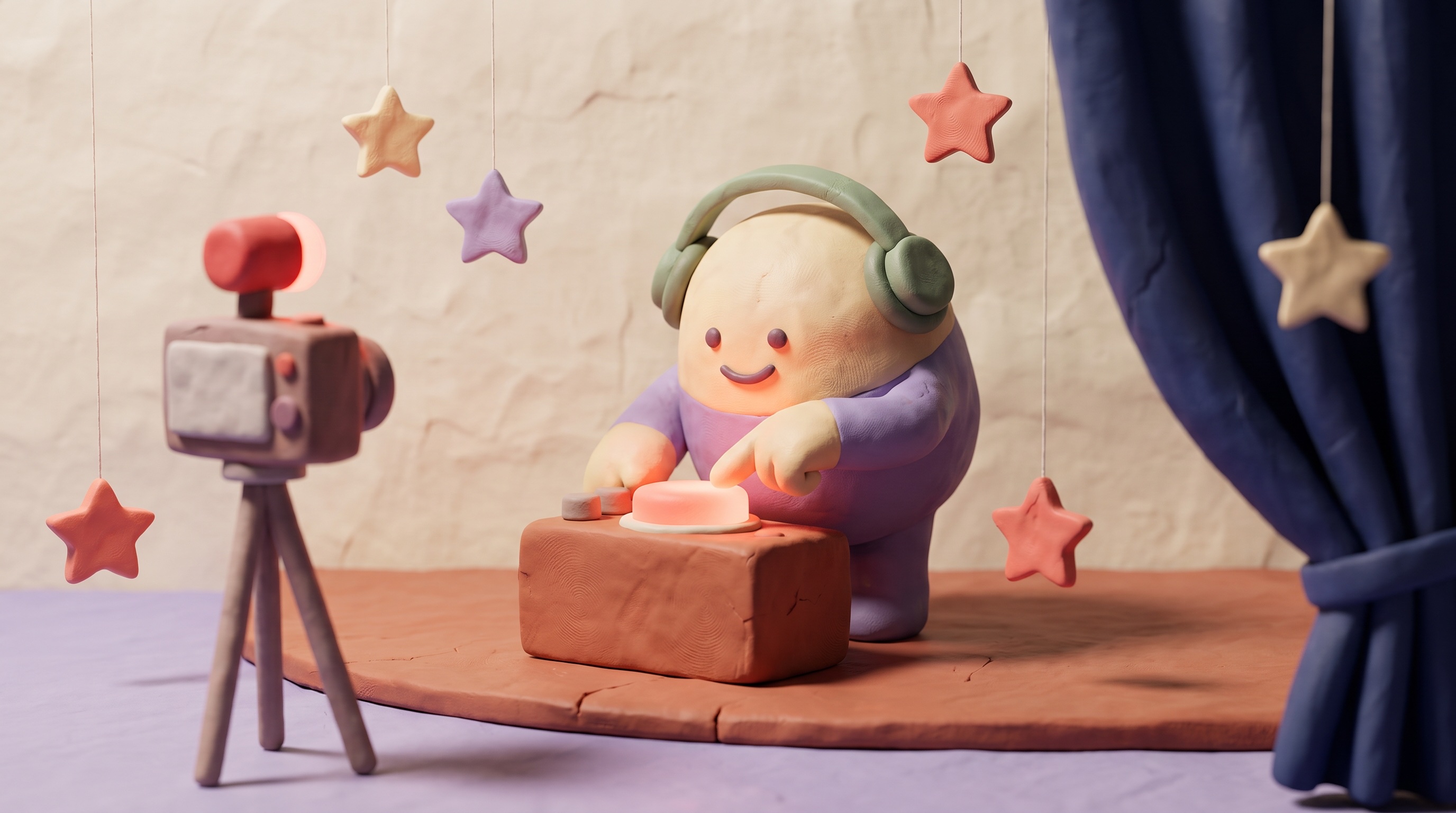 The clay mascot pressing a glowing go-live button