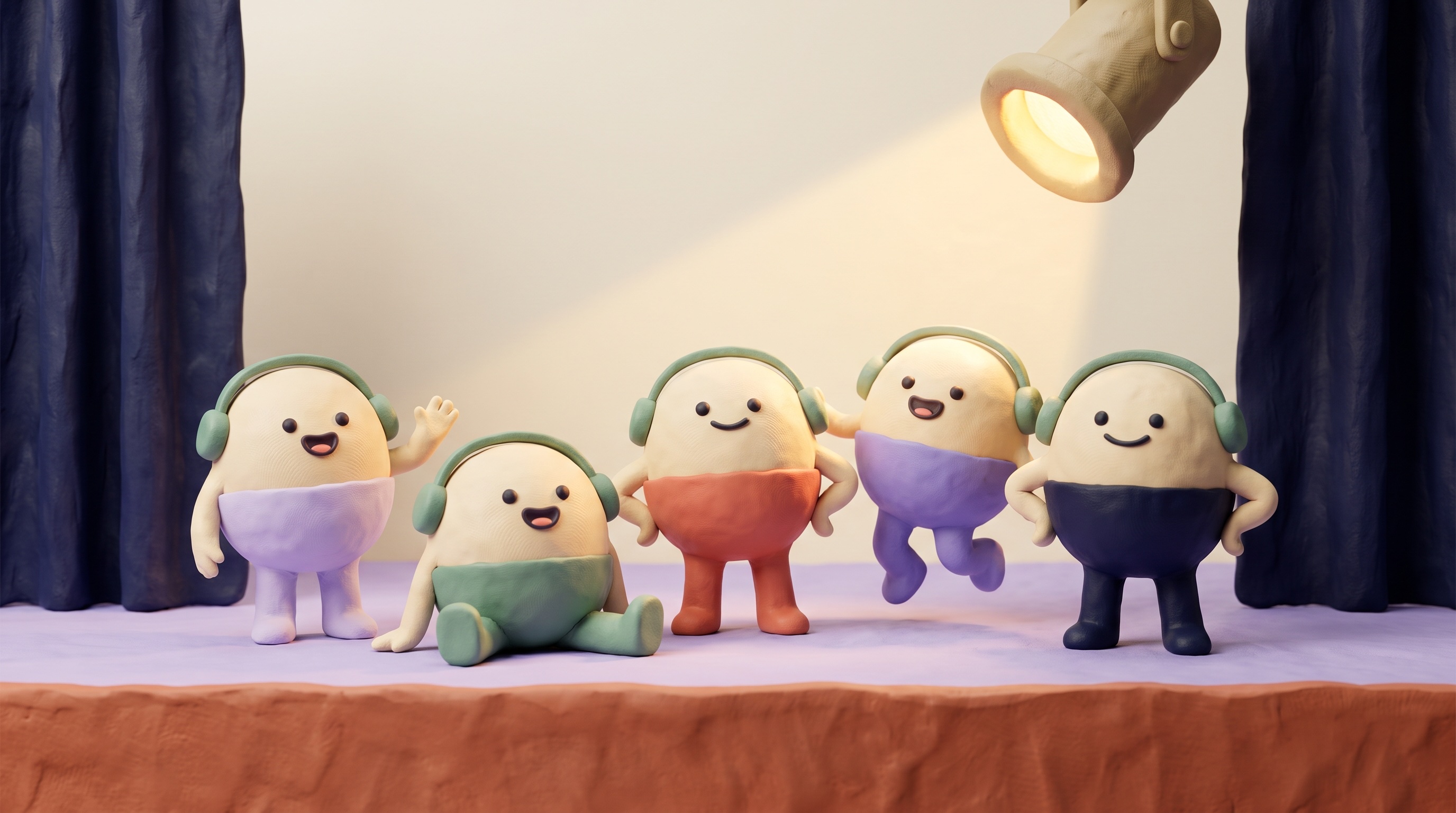 The clay mascots in the studio's house style, cream bodies with colored pants, gathered on a stage