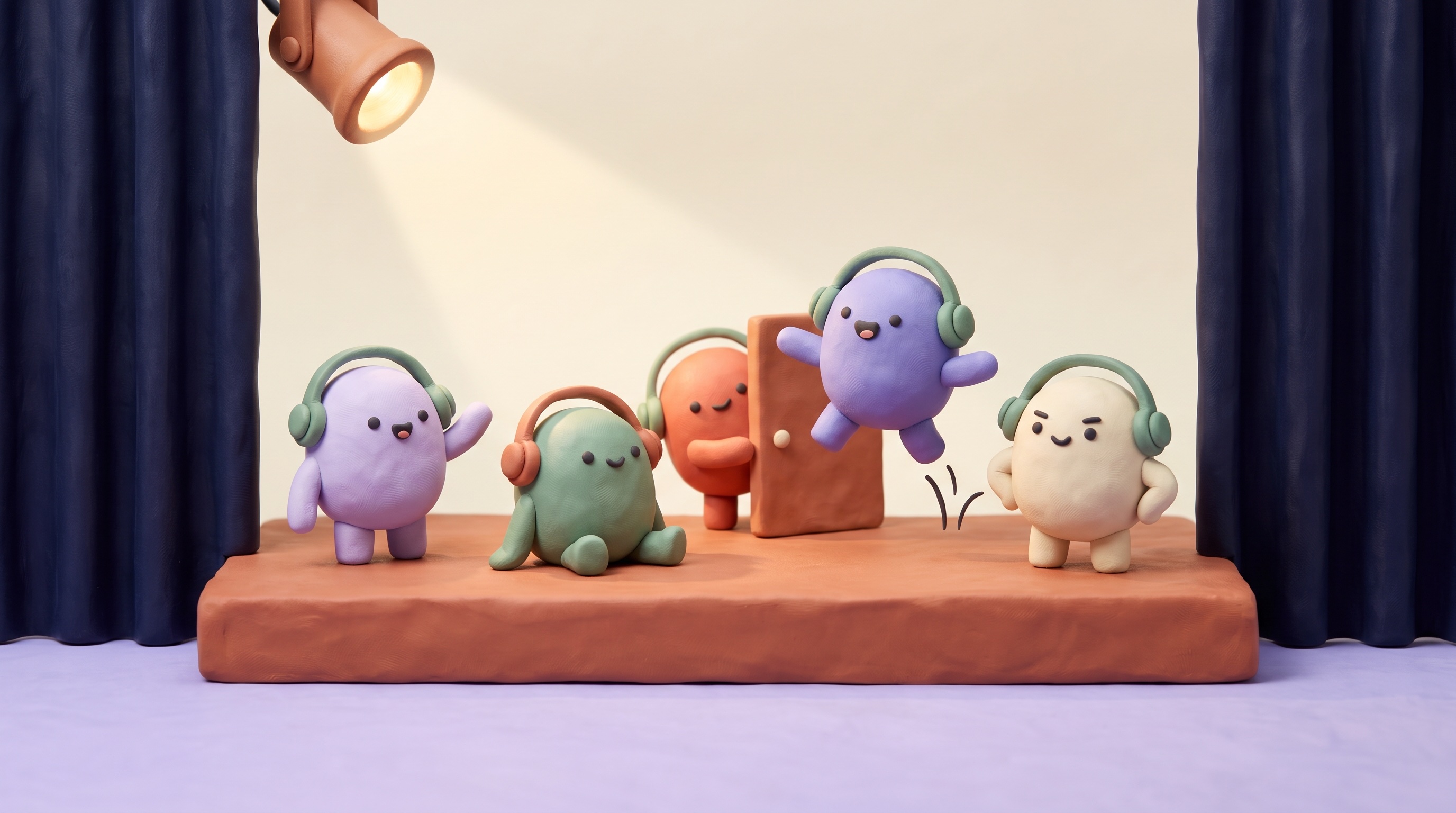 Five colorful clay mascots in different poses together on a stage