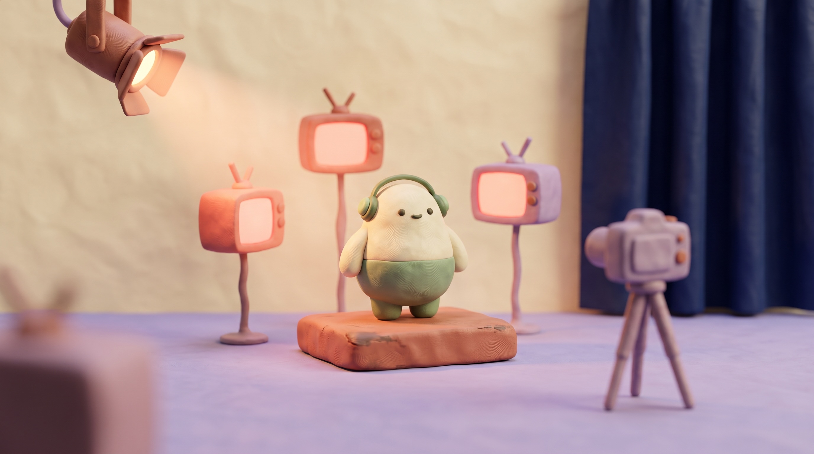 The clay mascot broadcasting to three glowing clay screens