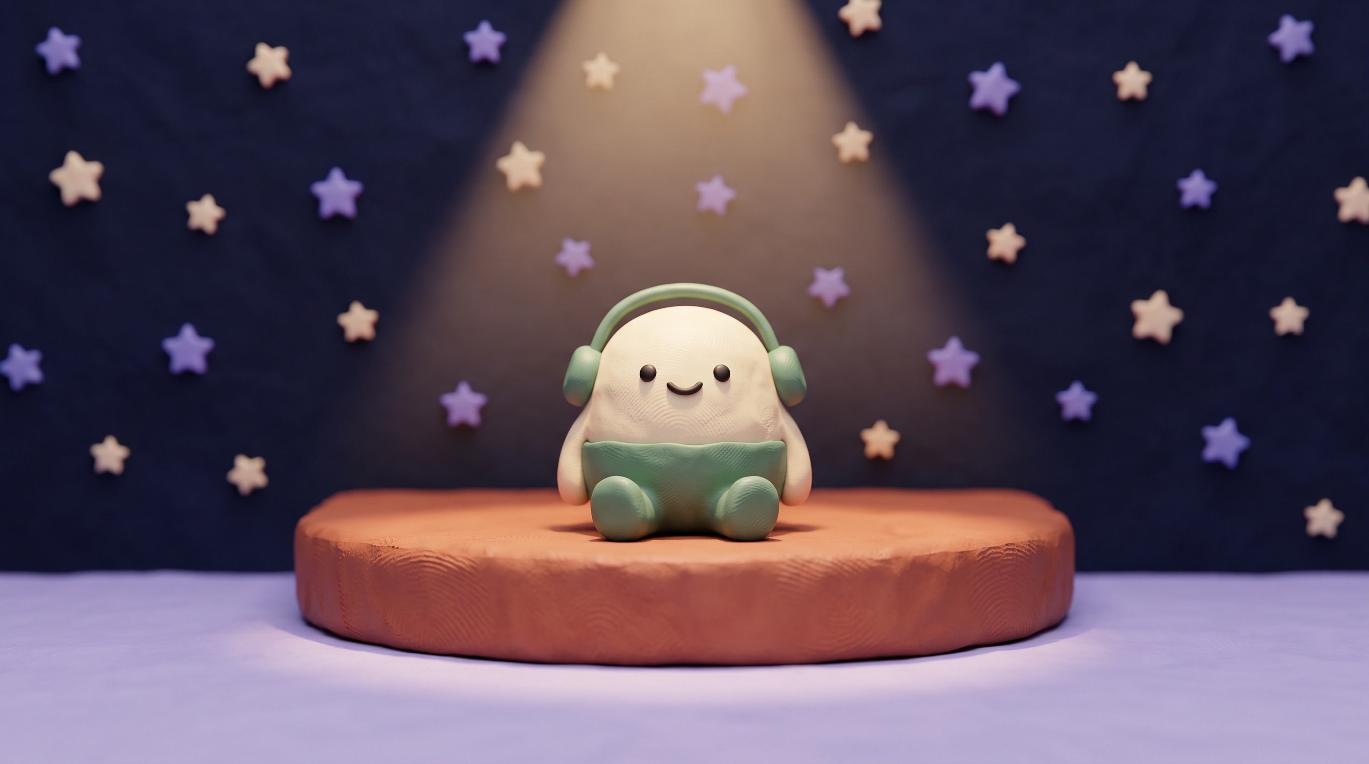 The clay mascot on a stage at night under a clay starfield