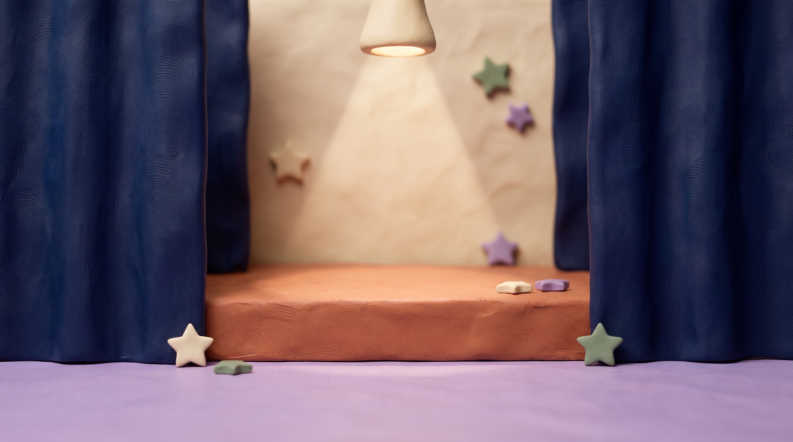 An empty clay theater stage under a warm spotlight